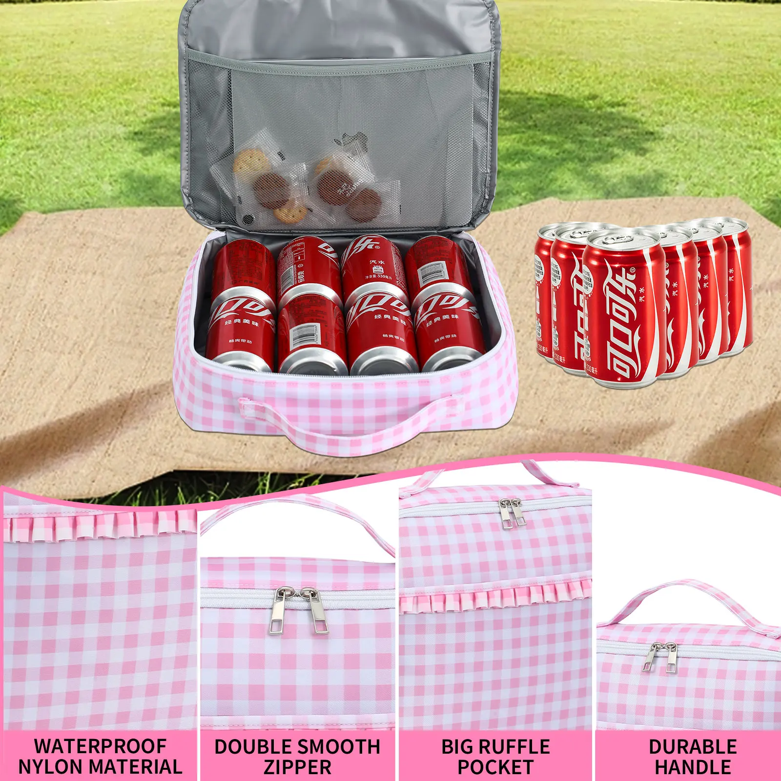 Lunch Bag Ruffle Plaid Insulated Cooler Box Kid Child School Thermal Food Tote Women Waterproof Leakproof Portable Reusable