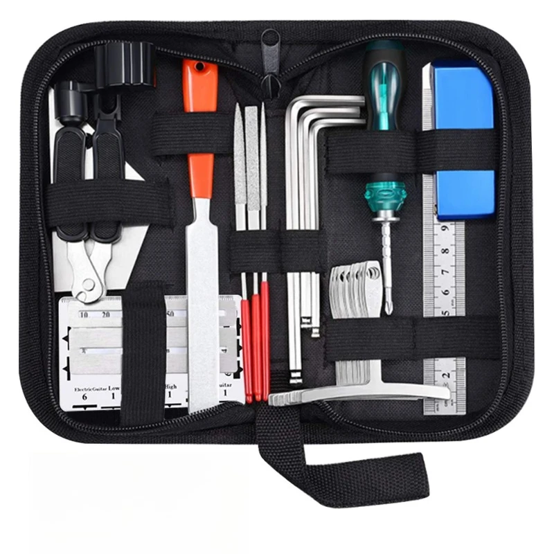 

Guitar Repair Kit String Changing Tool Wrench Sanding File Measuring Ruler Reel Leveling Ruler 25-piece Set