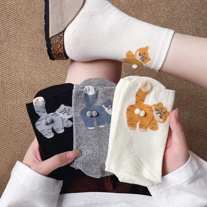 3 Pair Three-Dimensional Cat Printed Men female Mid Tube Socks Soft Comfortable Sweat Absorbing Breathable Casual Couples Sock