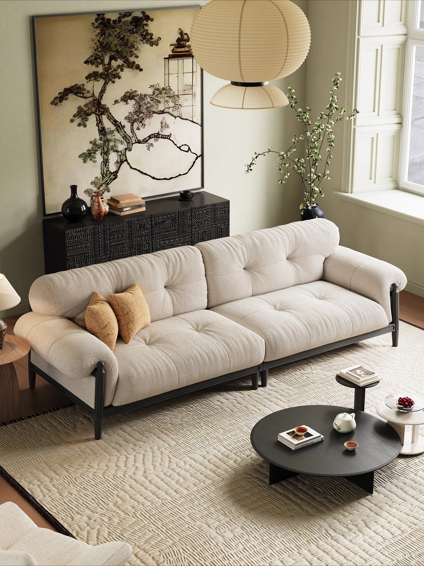 

Solid wood straight row sofa size apartment living room fabric three people