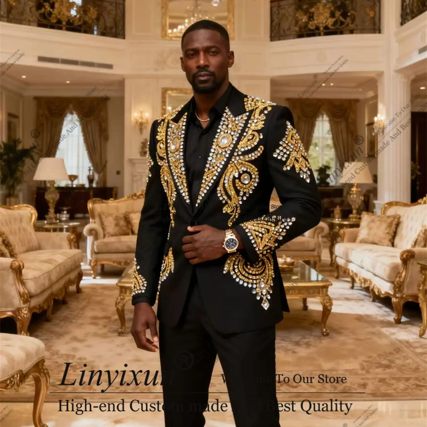 

Elegance Wedding Tuxedos luxury Rhinestones Beaded Men Suits Slim Fit Ropa hombre 2 Pieces Sets Groom Male Blazers Customized