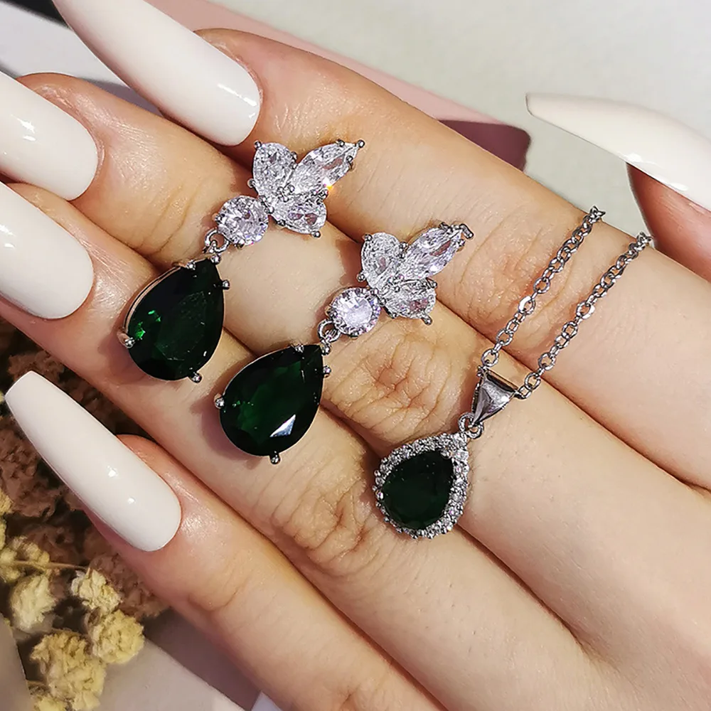 LXOEN 2023 Vintage Green Drop Water Silver Color Bride Dubai Jewelry Set Earings Necklace for Women Wedding Christmas Party Gift