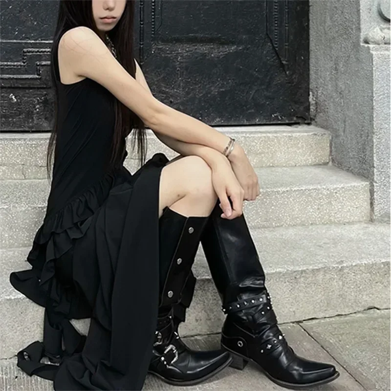 Fashion Women Punk Knee-High Platform boots Low Heel Trend Punk Gothic New Rock Leather  Women Chunky Knight Motorcycle Footwear