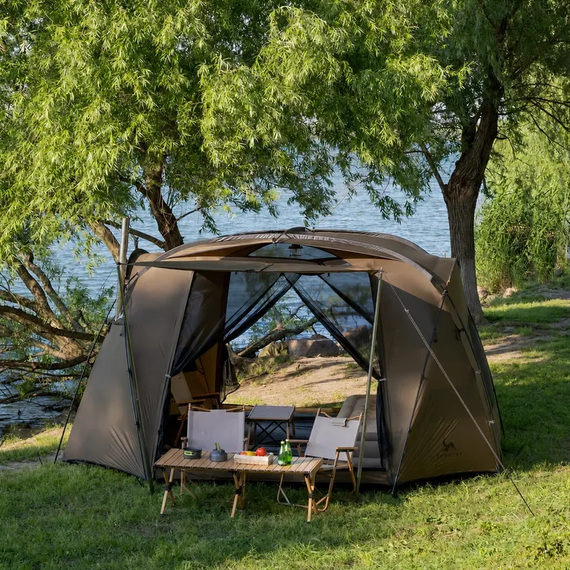 Outdoor Camping Nylon Tent Lightweight Waterproof Family Tent with Chimney Port for Hiking Backpacking Shelter