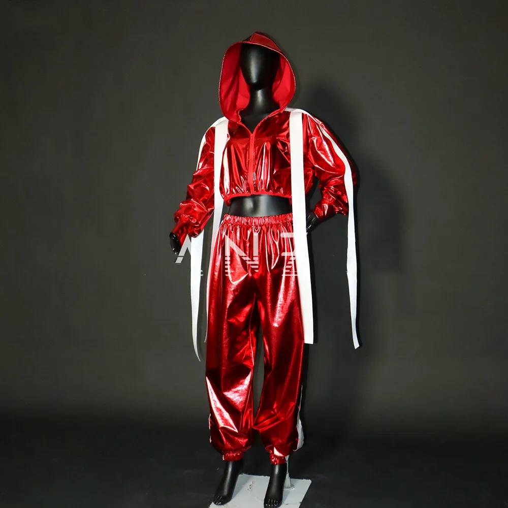 Costume da performance jazz hip-hop per adulti maschio femmina squadra di ballo di strada set di moda sexy abbigliamento da palcoscenico pantaloni giacca laser rossa 2 pezzi