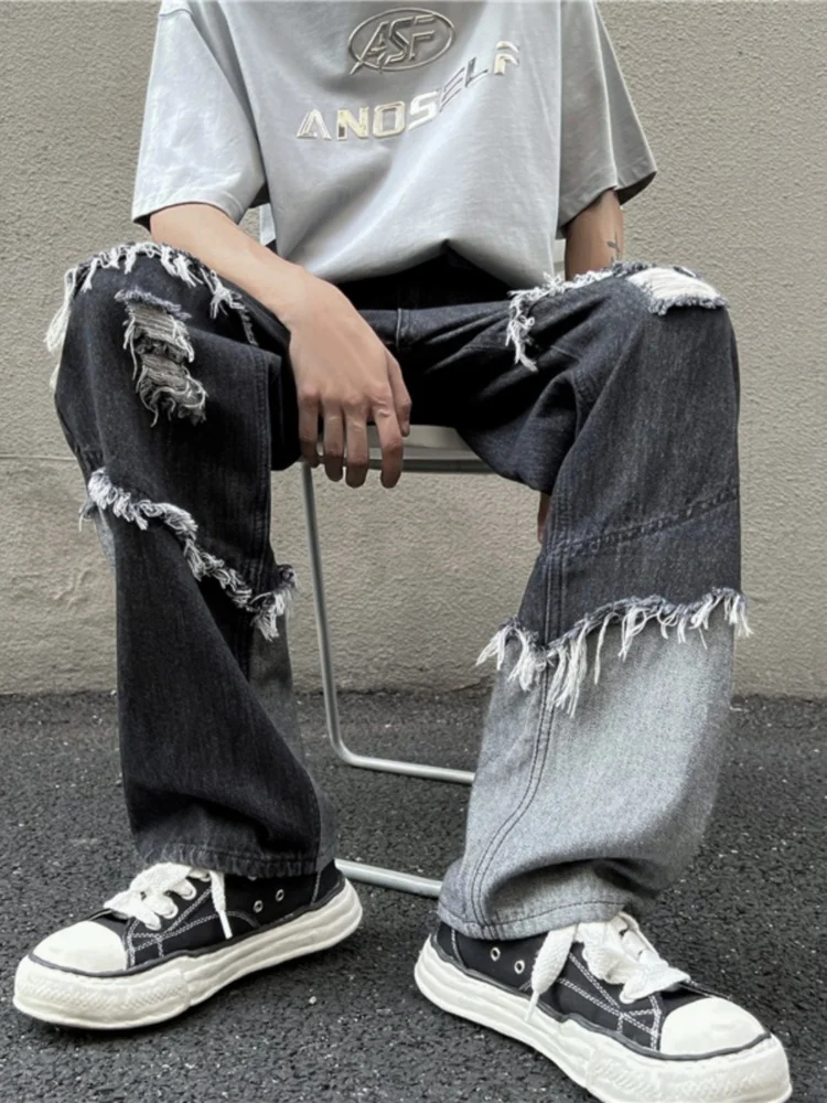 

Trendy Men's Ripped Denim Jeans American Retro Patchwork Frayed Loose BF Casual Wide Leg Dad Pants mid Waist Water Washed