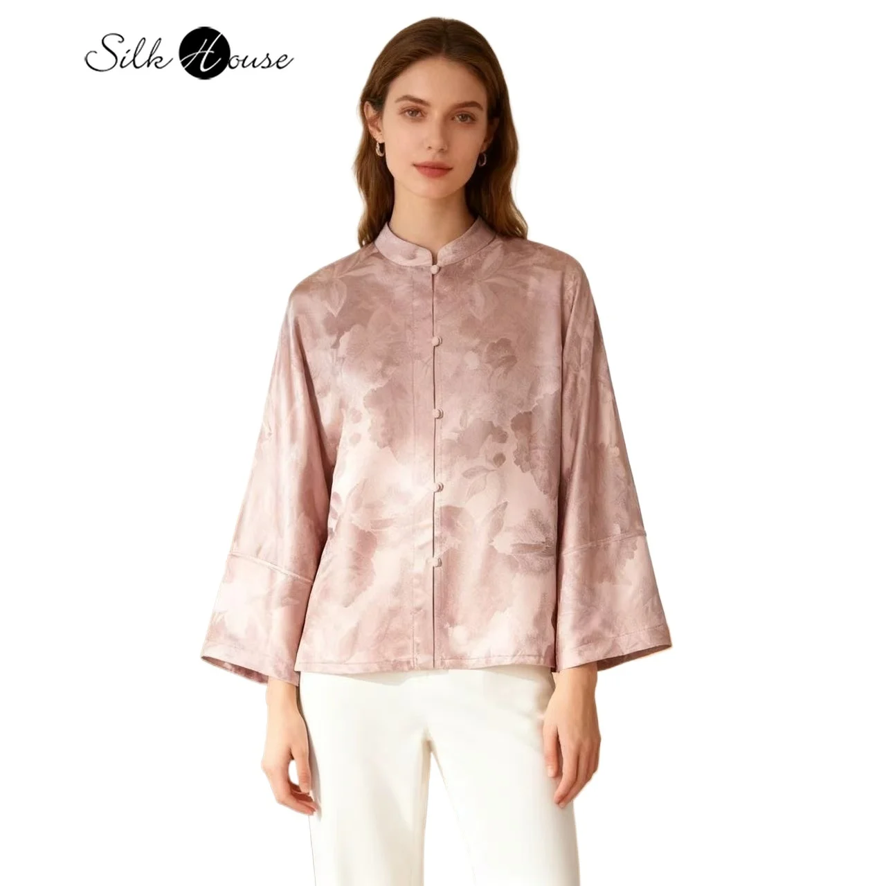 

Женская мода 2025 года с принтом пиона, 100% натуральный шелковый шелк тутового дерева, гамбургеры, Гуандун, марлевый воротник-стойка, однобортное пальто с пряжкой