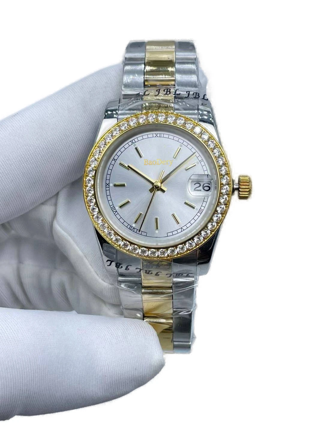 

Custom Logo31mmElegant ladies' automatic diamond watch, serrated watch with mechanical movement and calendar window, ladies'gift