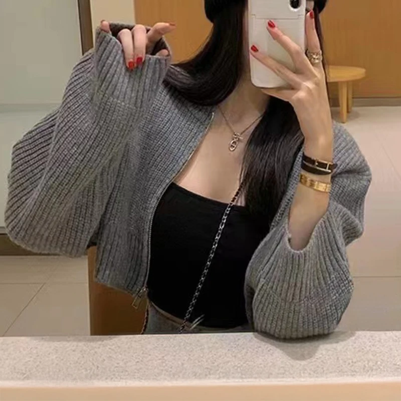 

Zip Up Knit Sweater Cardigan Women Long Sleeve Boxy Fit Zipper Front Crop Sweater Jacket Teen-girl Fall Winter Acubi Y2k Outfit