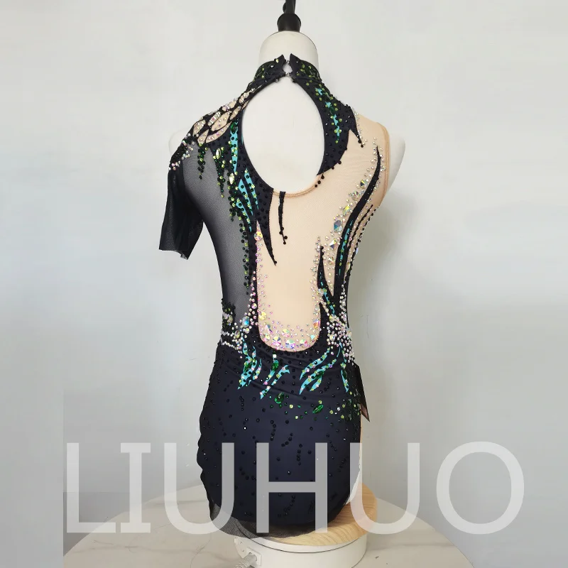 LIUHUO Leotardos de gimnasia rítmica personalizados para niñas y mujeres, ropa de baile con estampado verde de diamantes de imitación, monos de competición BD3194
