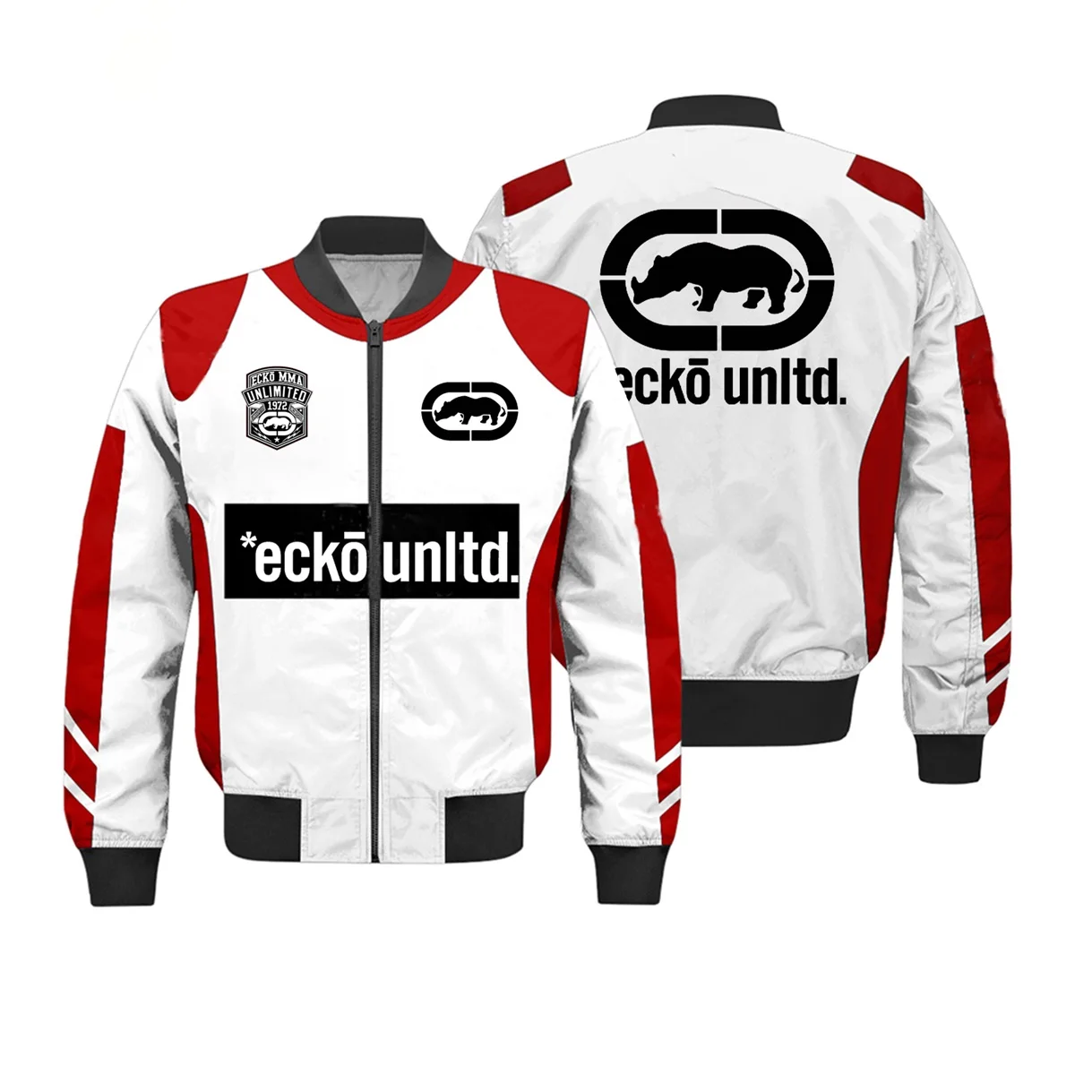 Men's Ecko Unltd Rhino Print Bomber Jacket, White and Red Color Block Zip Baseball Jacket, Casual Streetwear Coat