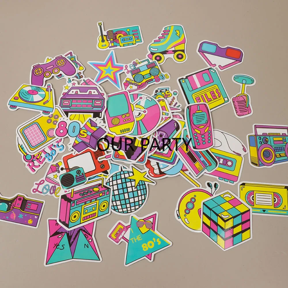 100Pcs Retro 80s Music Disco Theme Luggage Sticker Hip Pop Graffiti Sticker for Birthday Bachelorette Wedding Party Decoration