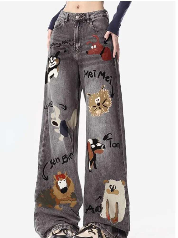 

Women Baggy Pants Punk Jeans Y2K Graffiti Cartoon Streetwear Vintage Design Straight High Waist Draped Wide-legged Floor-length