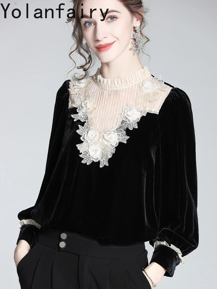 Yolanfairy 80% viscose 20% blusa de seda amoreira para mulher outono rendas retalhos camisa feminina elegante senhoras blusas topos