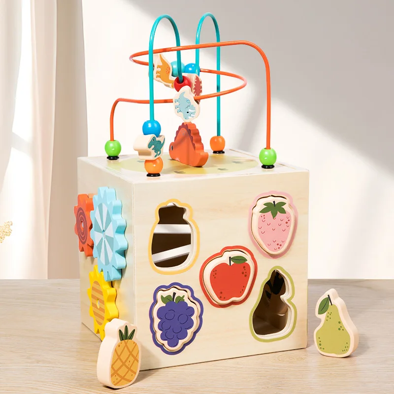 LazyChild Kids Wooden Fruit Shape Matching Early Education Kindergarten Four Sided Multifunctional Bead Maze Activity