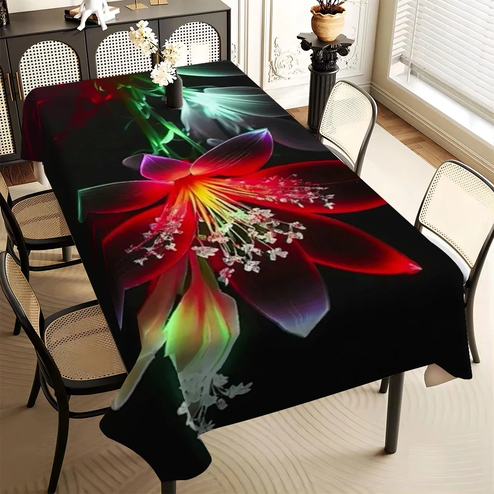 Fantasy Floral Tablecloth, Black Background With Rainbow Glow Flower Pattern, Waterproof Table Cover for Daily Meals & Party Use