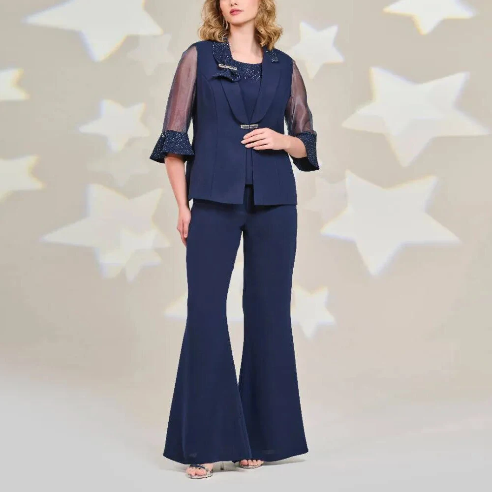 

Customized 3 Pieces Mother of the Bride Outfit with Half Sleeve Flared Trousers Wedding Guest Pant Suit Sets