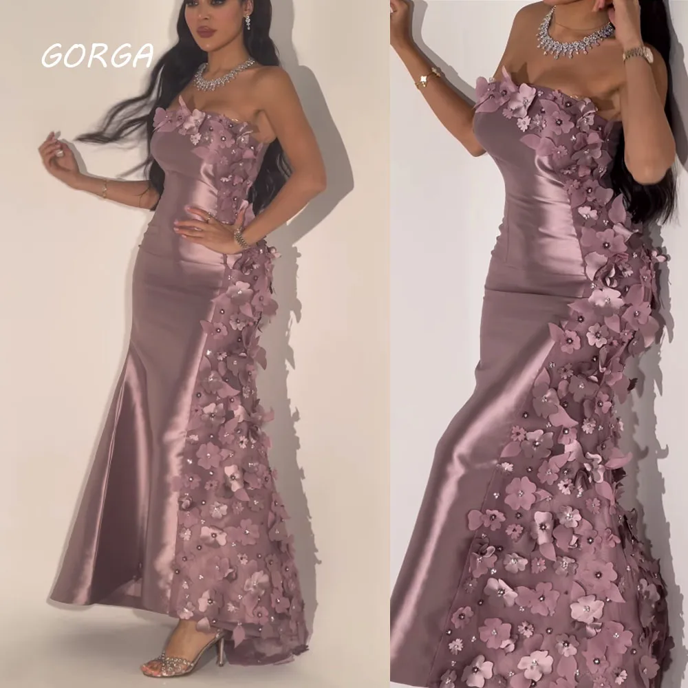 

GORGA Simple Strapless Appliques Mermaid Evening Dresses Saudi Arabia 2023 Slim Satin Floor-Length Party Gowns Prom Dress