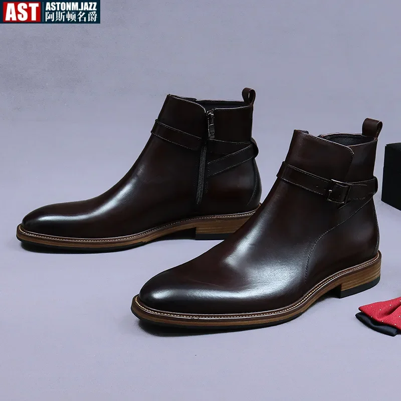 Botas de couro de vaca genuínas masculinas, sapatos de trabalho, bota artesanal para vestido formal, casamento, festa de negócios, novíssimo, 2024