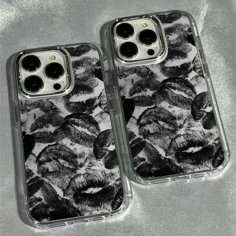 Black Lip Print Electroplated Lens Frame Clear Phone Case For iPhone 17 16 15 14 13 12 11 Pro Max Air X XS XR 7 8 Plus 16e Cover