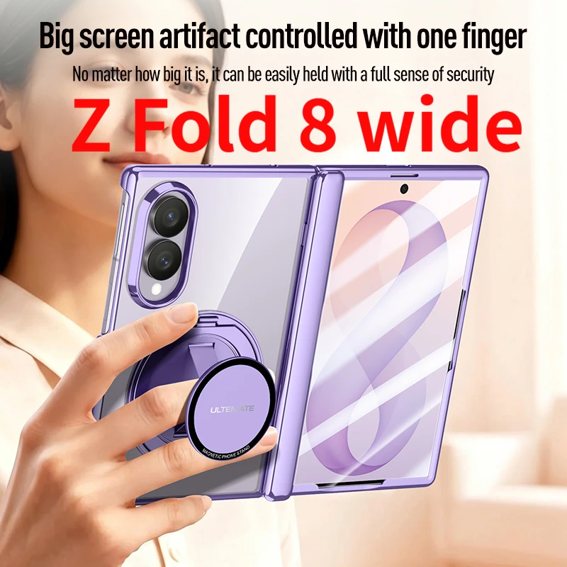 Luxury Hard PC Case For Samsung Galaxy Z Fold8 Fold 8 360° Rotating Magnetic Stand Hand Strap Metal Lens With Glass Screen Cove