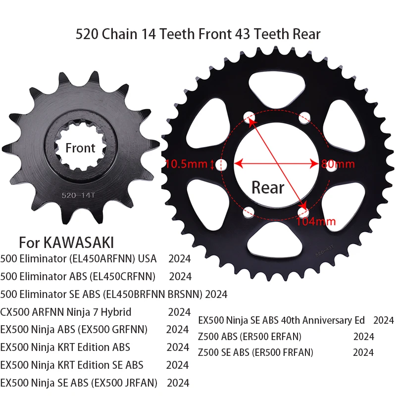 Kit de pignon avant et arrière pour moto, chaîne 520, 14 dents, 43T, pour KAWASAKI Eliminator CX EX Z 500 EL450 CX500 EX500 Z500 ER500 ABS