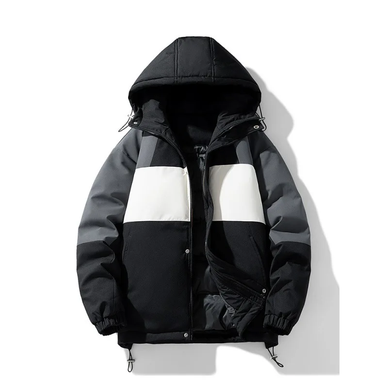 

Мужские парки, пуховое пальто, зимняя мода, контрастный цвет, лоскутная свободная мужская куртка с капюшоном, ветрозащитная мужская верхняя одежда с длинными рукавами