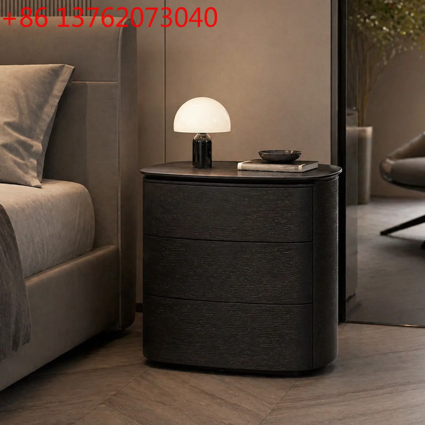 

Italian minimalist round solid wood bedside table smoke color chest
