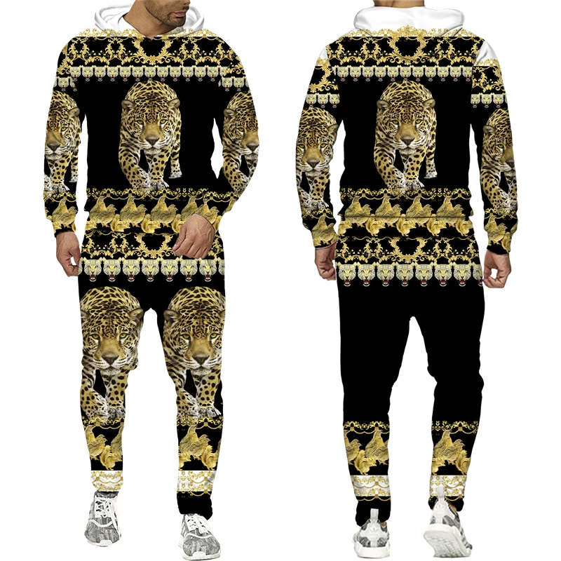 3D Print Hoodie e calças para homens e mulheres, conjunto Sportswear, agasalho, roupas de corrida, roupas, leopardo, padrão dourado, moda