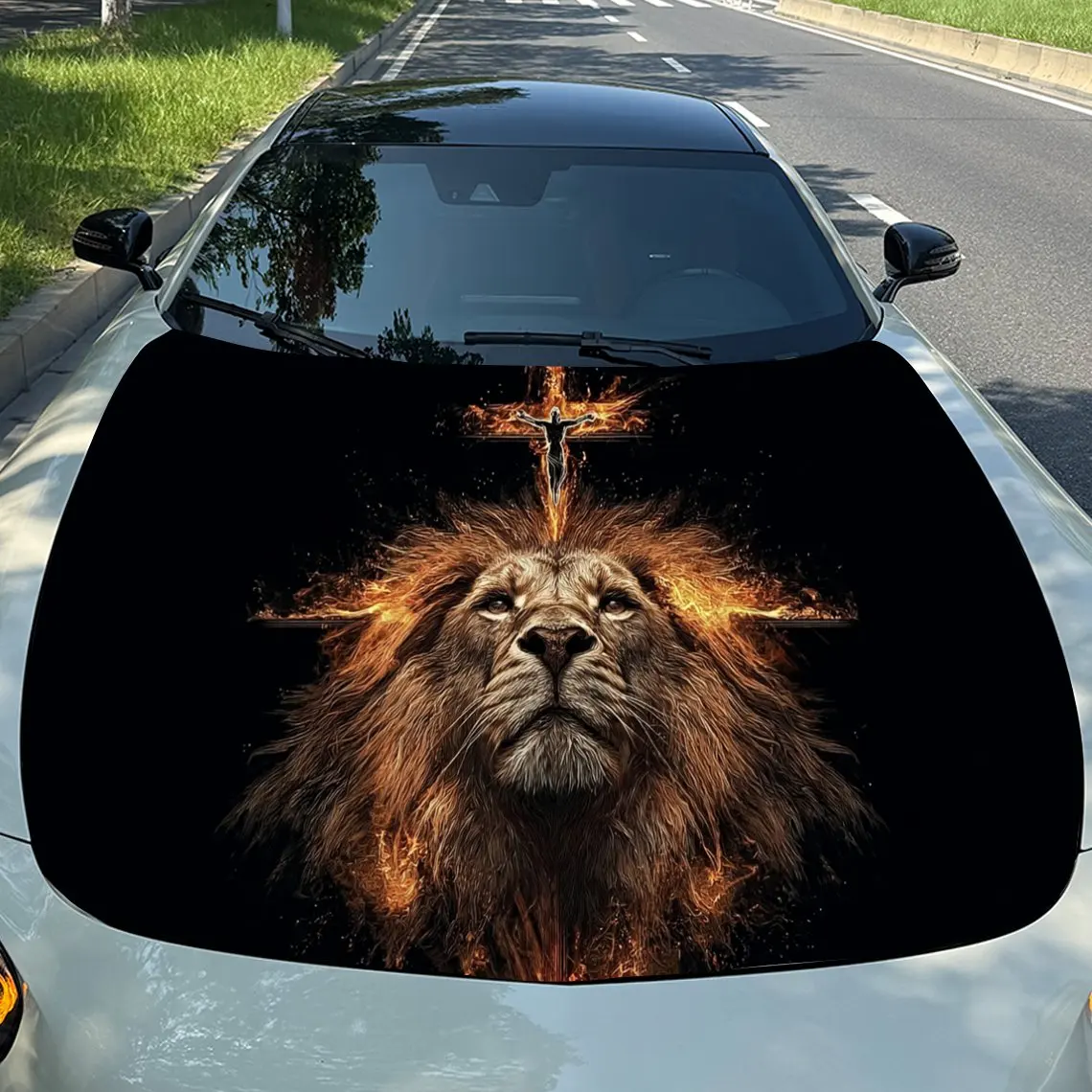 

Holy Flame Lion and Cross Spiritual Enlightenment Car Vinyl Wrap, PVC Material Waterproof Car Hood Sticker, Self-Adhesive Scratc