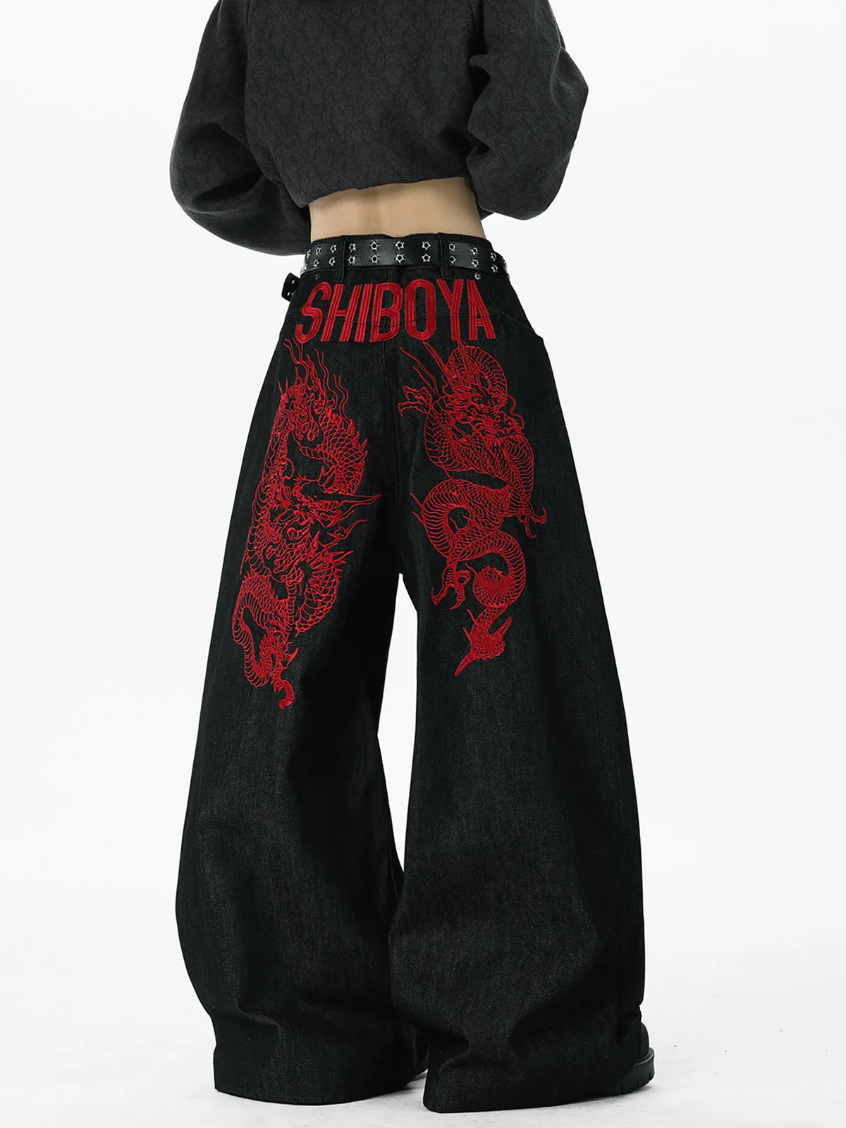 

Heavyweight Red Dragon Embroidery Wide Leg Jeans Loose Fit Straight Cut Micro Flared Trousers for Men And Women High Street S...