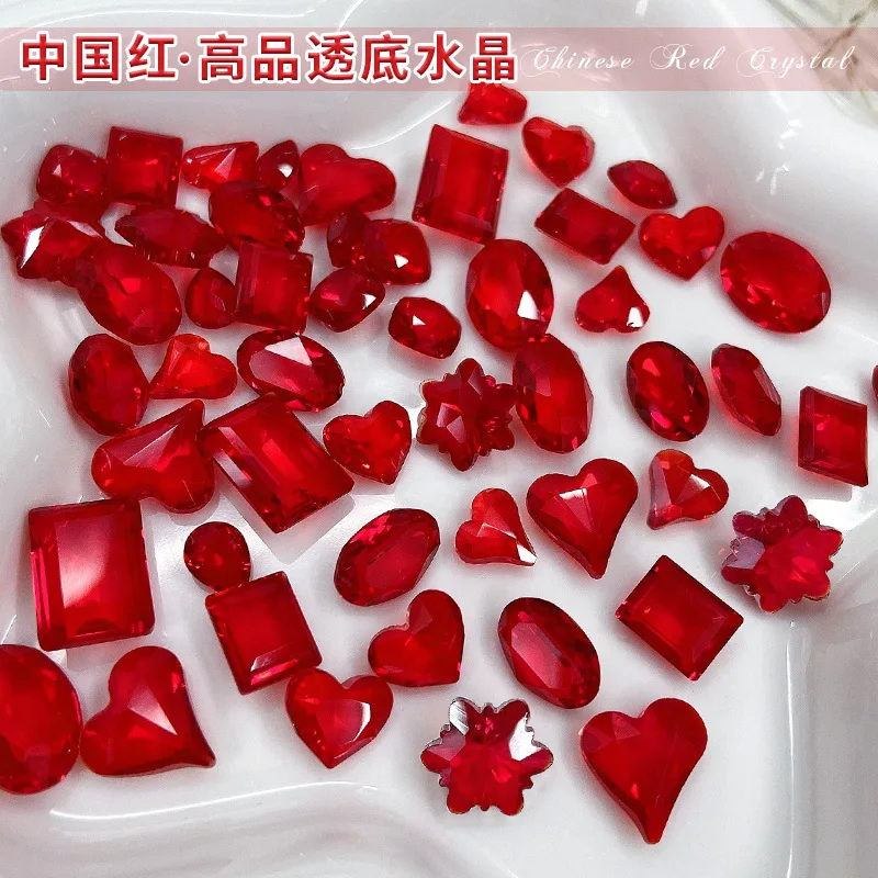 

20PCS Top Translucent Chinese Red Sharp Diamonds Rect Heart Pigeon Egg Crystal Nail Art Rhinestones Decorations Manicure Charms