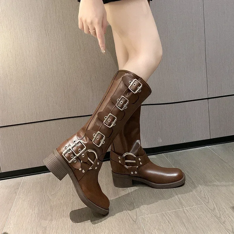 Woman Boots Knee High Platfrom Studded Spring Summer Knight Combat Gothic Elegant Medium Heel Women\'s Shoes Motorcycle Footwear