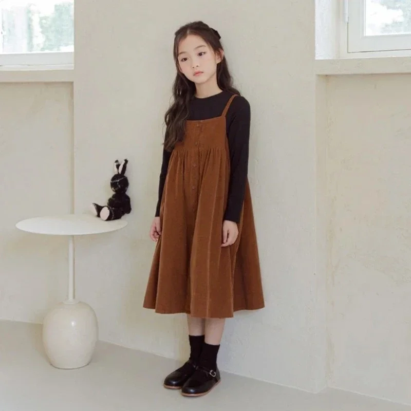 2024 New Girls Midi Dress Teen Kids Corduroy Fall Dress Children Cotton Jumper Buttons Baby Clothes Suspenders Brown Dresses