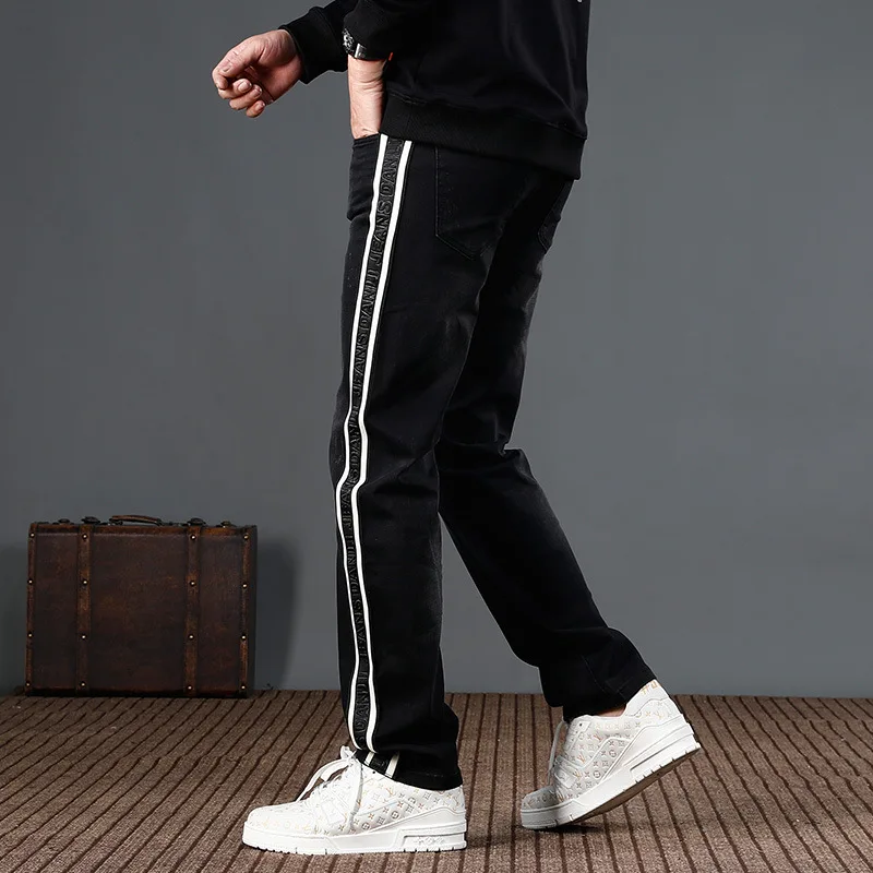 2024 New Fashion Stripe Black Jeans Men's Loose Straight Street Trend American Sports Style Denim Pants