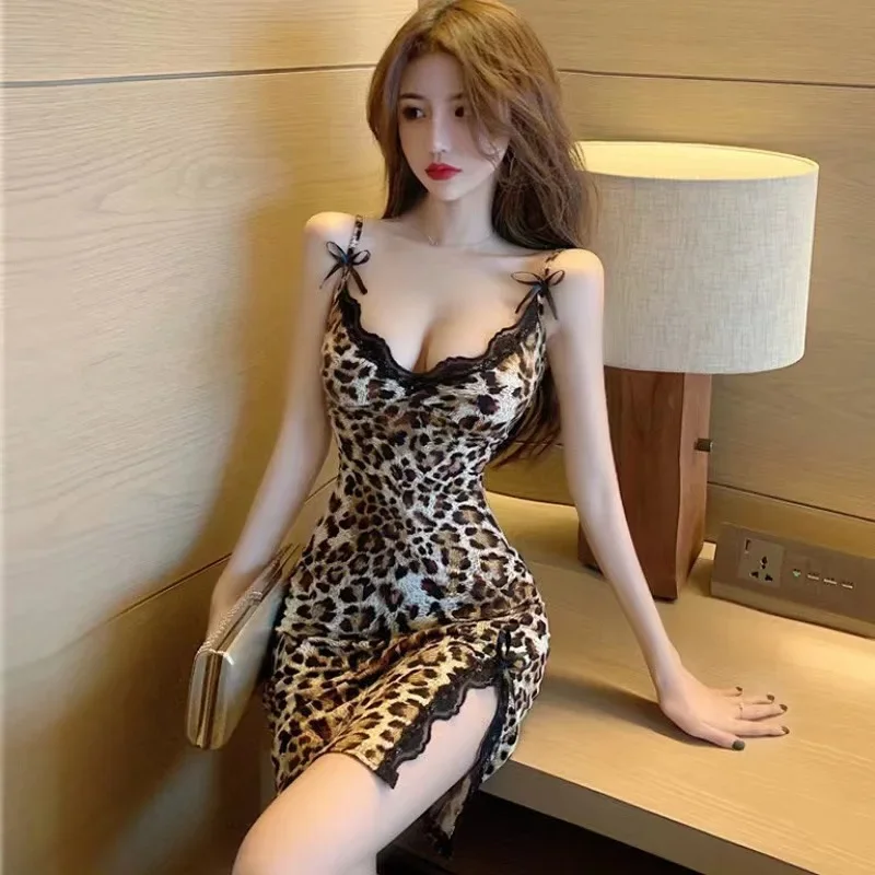 

Lace Trim Leopard Nightdress V Neck Backless Side Split Slip Sleep Dress Women's Sleepwear Dresses