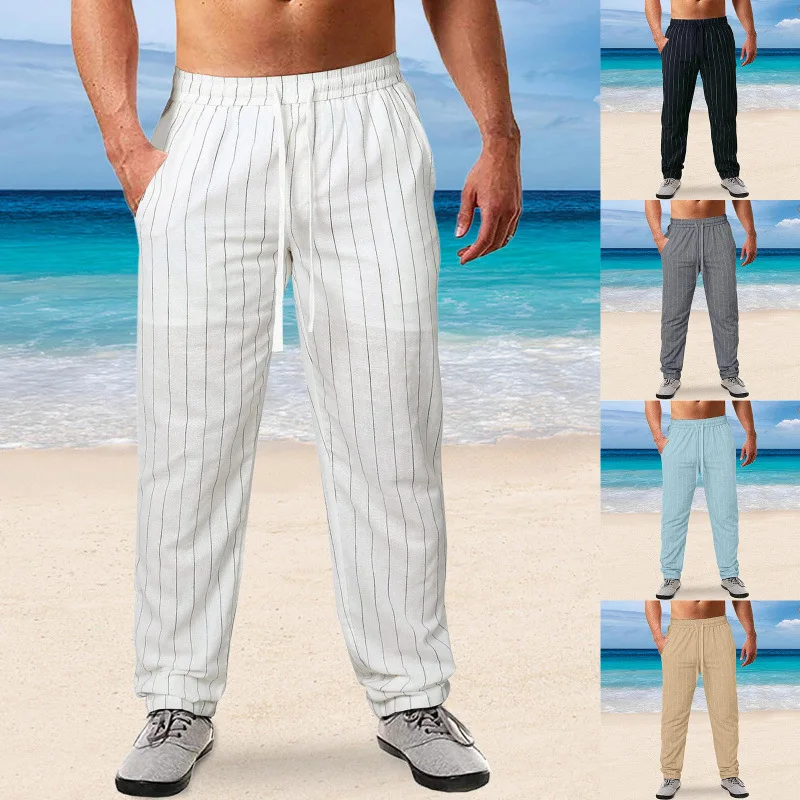 

2025 European and American new men's vertical stripe tied rope, elastic waist, cotton and linen beach pants, casual and comforta