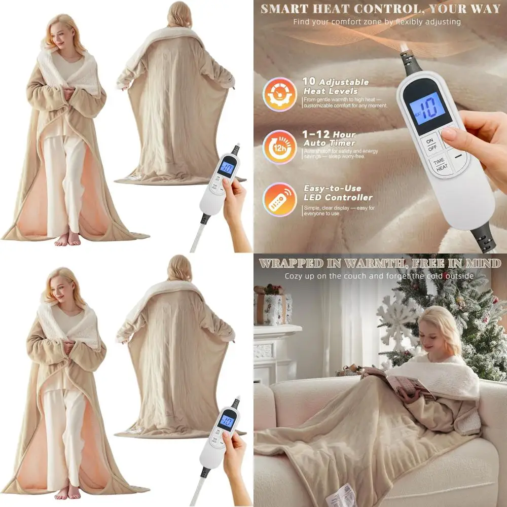 

Носимое электрическое одеяло с карманами для ног и рукавами, 10 настроек нагрева, автоматическое отключение, 50x70 бежевый