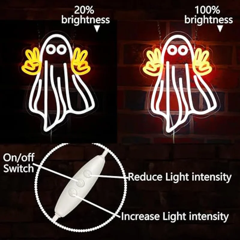 Halloween Neon Sign Dimmable USB Powered LED Light Victory Ghost Wall Decor Gift for Bar Game Room Man Cave Bedroom Garage Decor