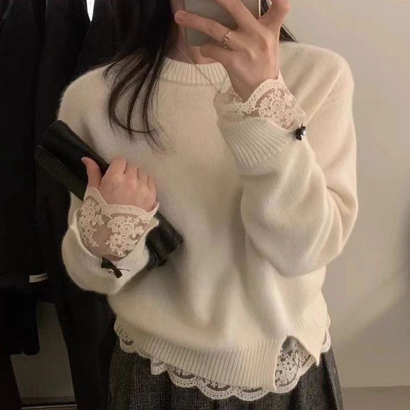 Y2k Korean Fashion Lace Patchwork Sweater 2000s Subculture Sweet Pullover Sweaters Harajuku Vintage Solid Streetwear Jumpers