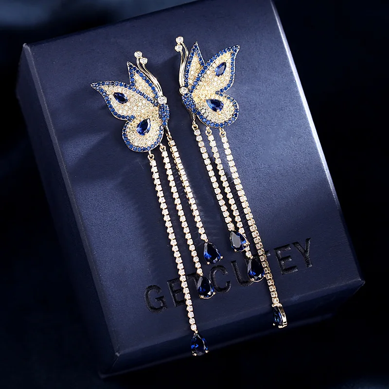 

Top Quality Luxury Zircon Butterfly Tassel Hanging Earring for Women Trend Party Dress Celebration Gorgeous Custom Jewelry Gift