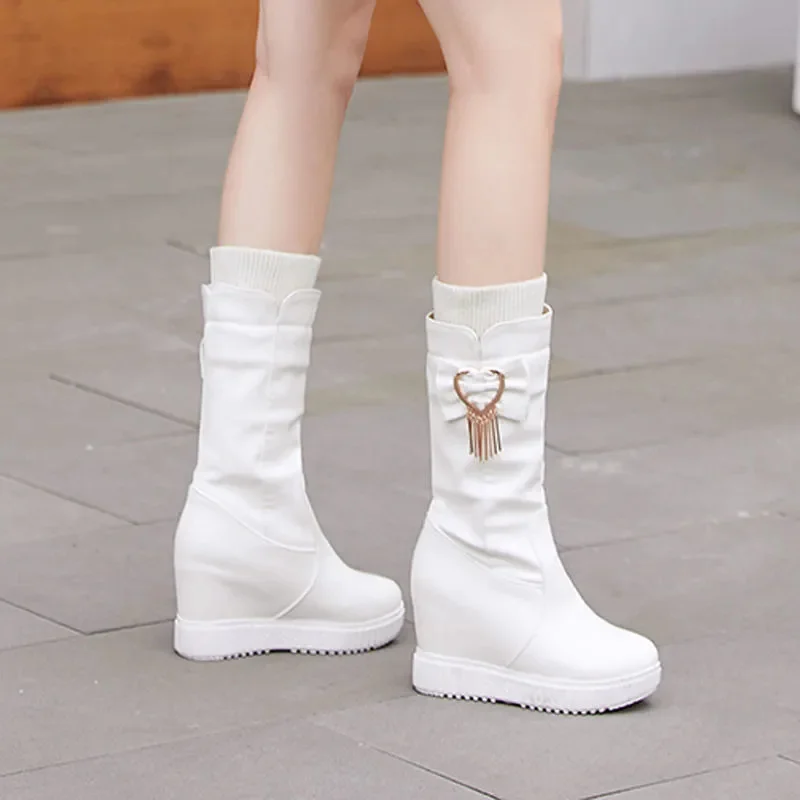 Botas Femininas Women Cute Round Toe White Plus Size Height Increased Heel Boots Lady Cool Black Comfort Winter Shoes B672