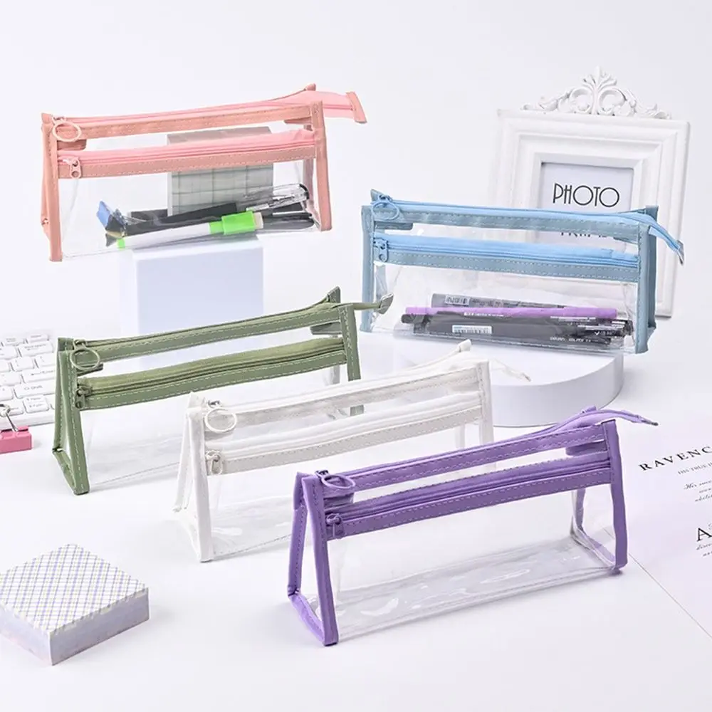 

Multifunctional PVC Pen Bag Waterproof Double-Layer Pencil Case Transparent Zipper Design Stationery Organizer School Office