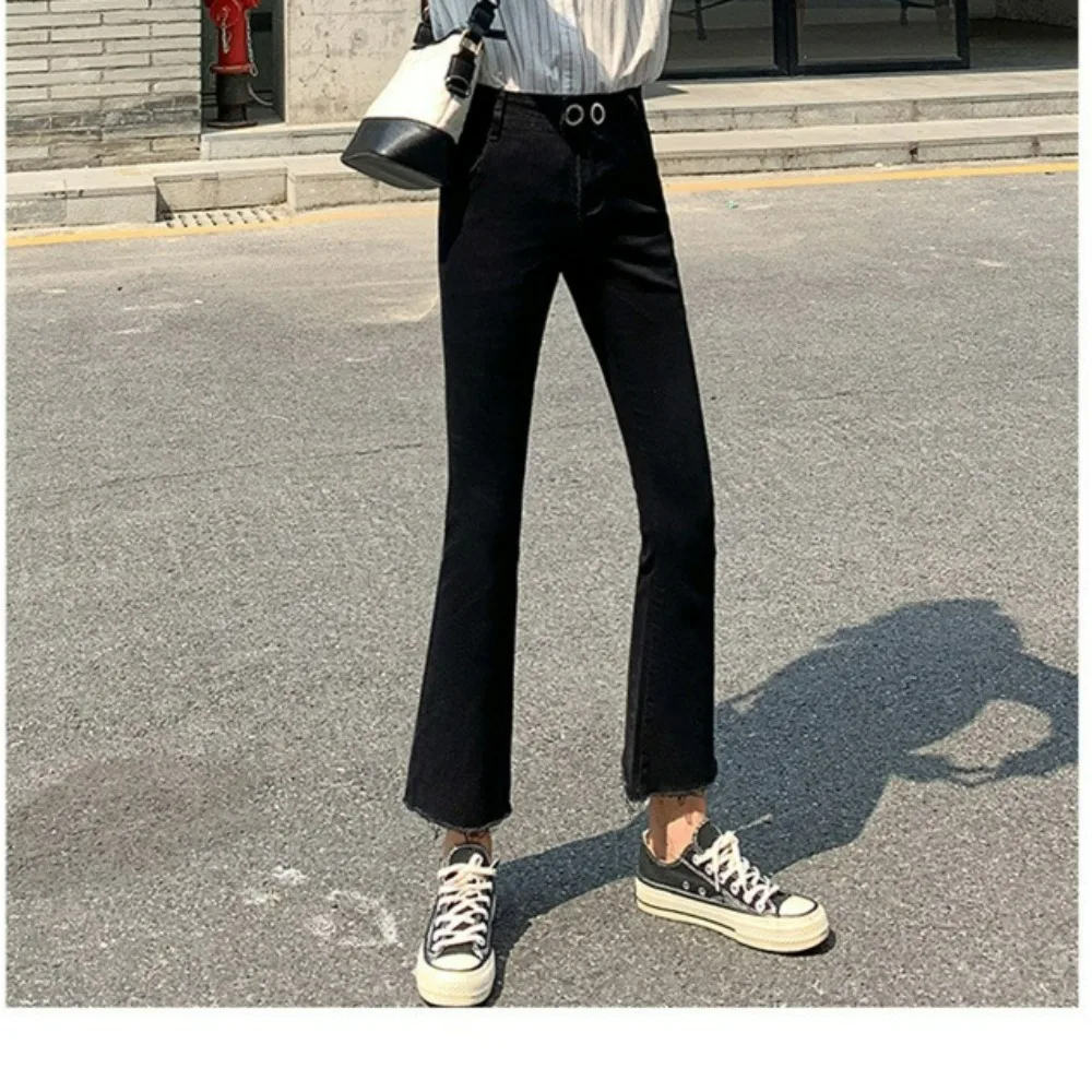 Jeans svasati neri a vita alta da donna, pantaloni alla caviglia drappeggiati autunno inverno 2025 |   Gamba larga dimagrante