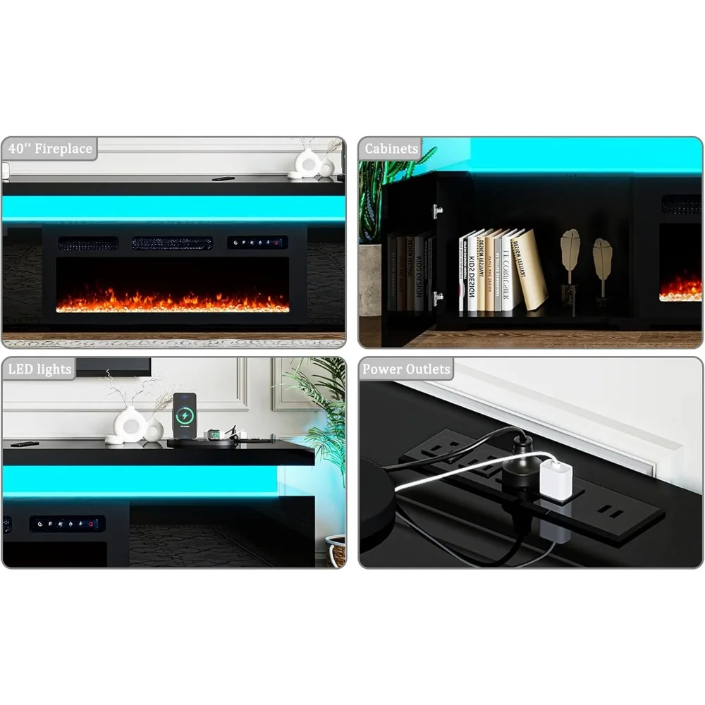 85’’ Fireplace TV Stand for 90 Inch TVs, Modern Entertainment Centers with LED Lights, High Gloss TV Console with 40’’ Electric image 6