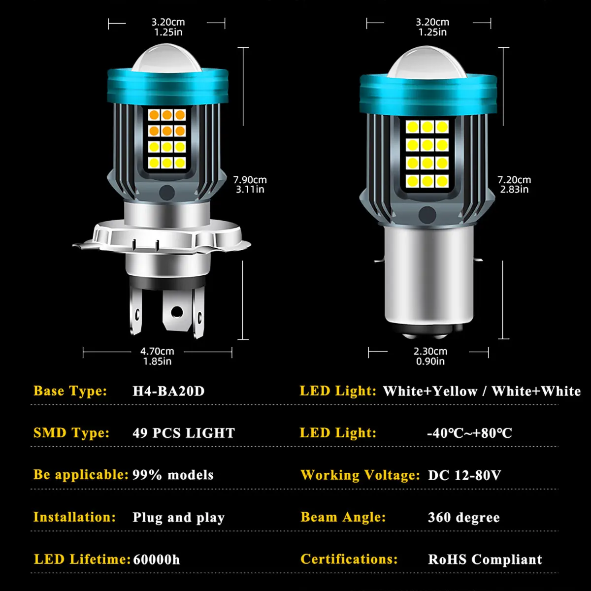Led h4 ba20d led 오토바이 h4 led 헤드라이트, 천사의 눈 플래시 라이트 옐로우, 흰색 하이/로 렌즈 스포트라이트, 운전 조명, 12V-80V