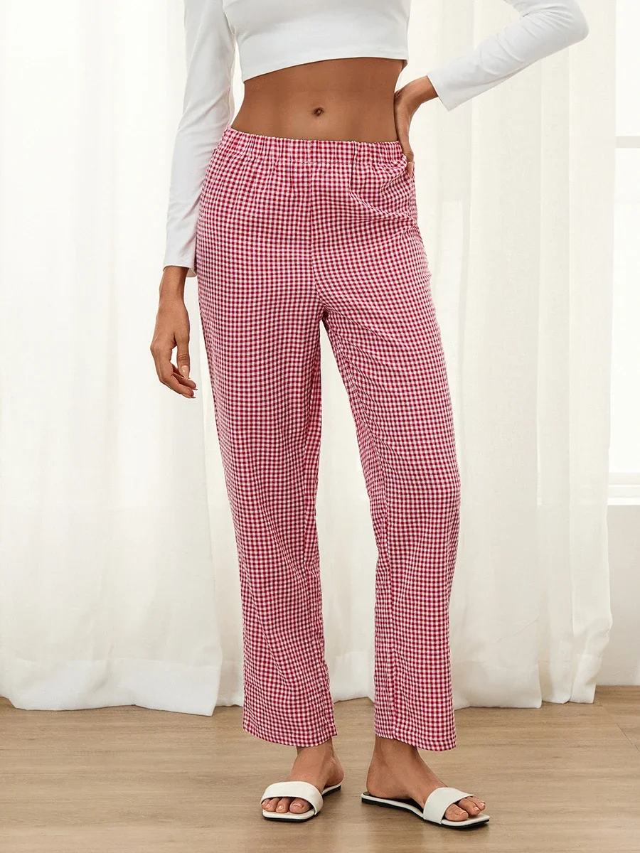 Pantalones de pijama cómodos para mujer, pantalones de salón elásticos con estampado clásico a cuadros, pantalones de pijama elásticos para dormir para mujer, ropa de descanso