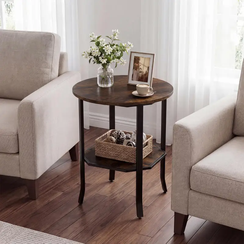 

Round Side Table Small End Table with Storage Shelf 2-Tier Nightstand for Small Space-Rustic Brown