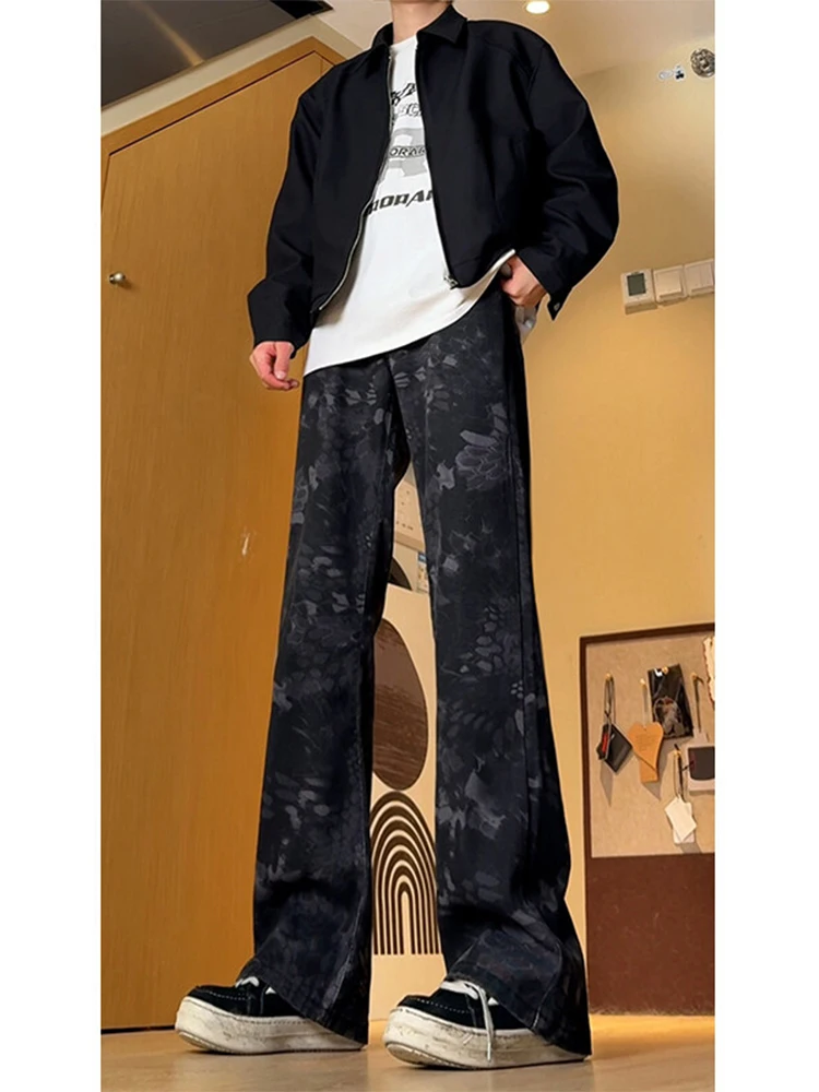 

High Waist Straight Leg Micro Flared Jeans Snake Print Embroidery Men's American High Street Vibe Casual Denim Pants
