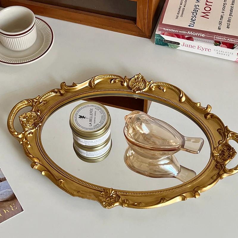 French Vintage Glass Mirrored Tray Cosmetic Mirror for Home Use Living Room Decorative Ornaments Desktop Jewelry Storage Tray